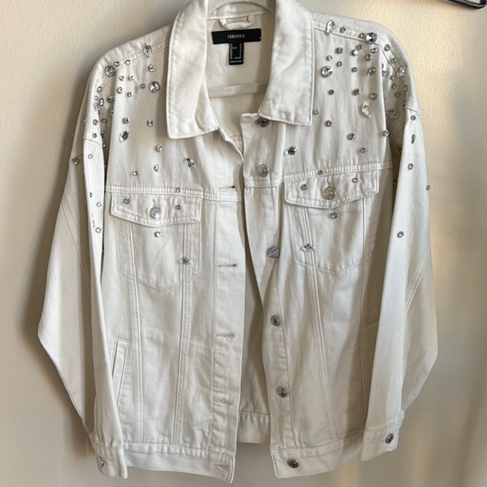 Forever 21 White Embellished Jean Jacket